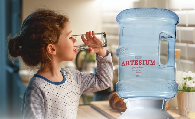 Kitchen wooden table top and kitchen blur background interior style scandinavian